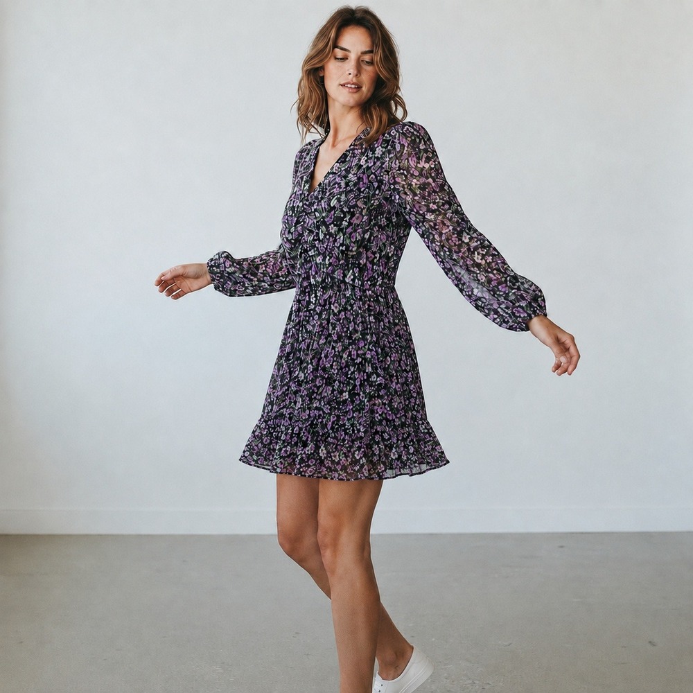 Zara Floral Chiffon Mini Dress L Cottagecore Romantic Ruched Long Sleeve